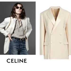 CELINE 4450$ Jude Jacket - Double Breasted, Peak Collar, Ivory Silk